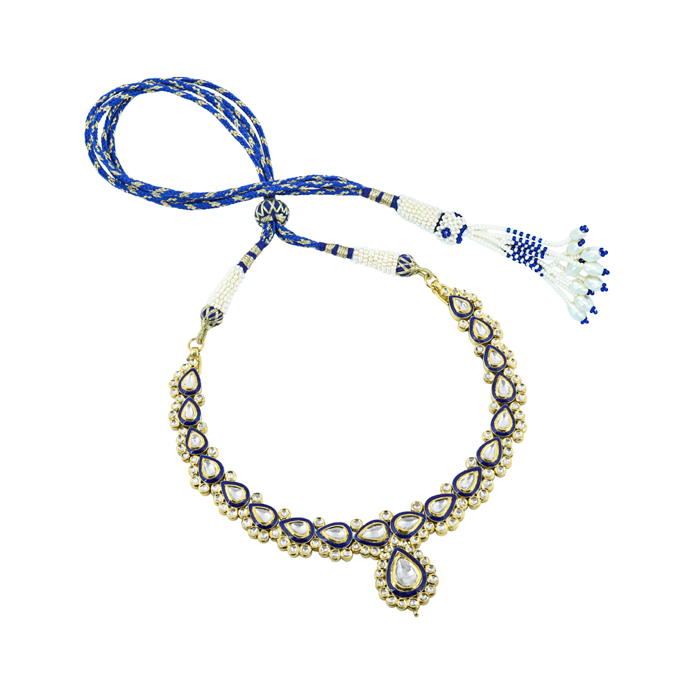 Polki Necklace with Blue Enamel Border